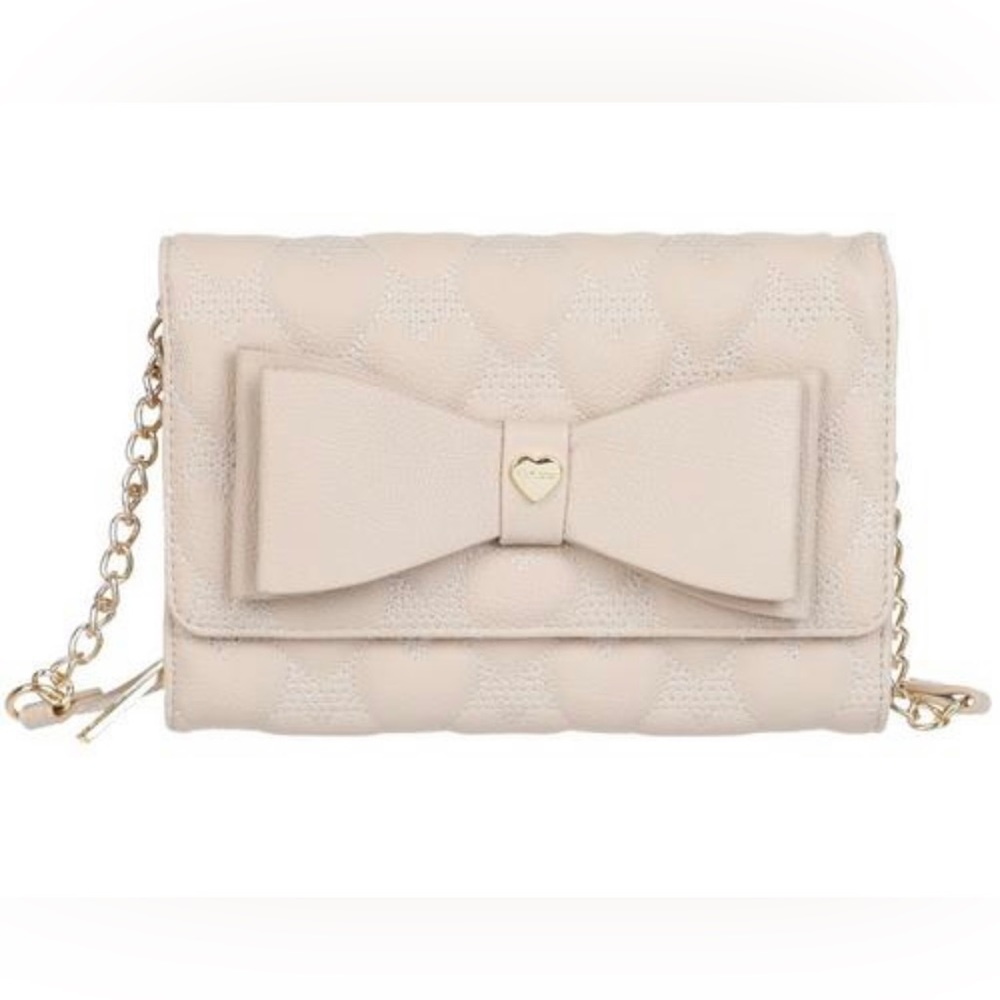Betsey Johnson Cream Quilted Bow Crossbody Bag with Gold Chain